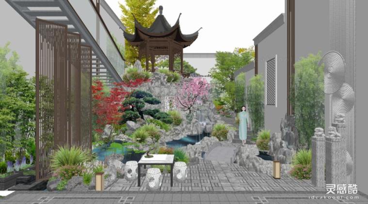 中式假山亭子庭院花园景观丨