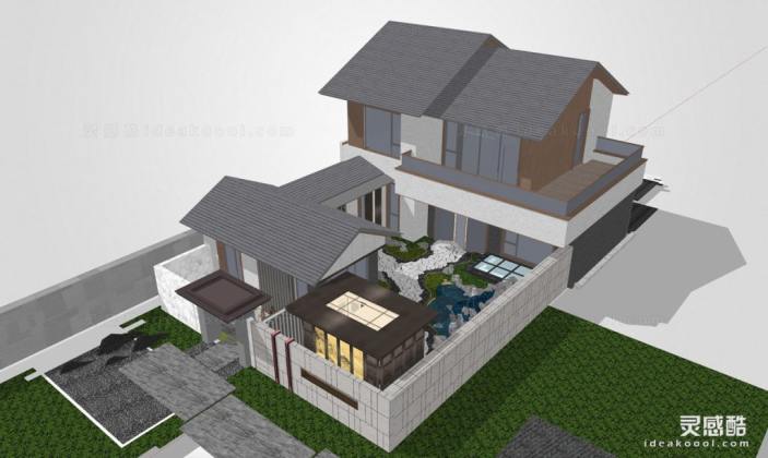 新中式庭院花园景观 新中式别墅建筑丨