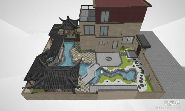 新中式庭院花园景观 中式亭子连廊 假山石头丨