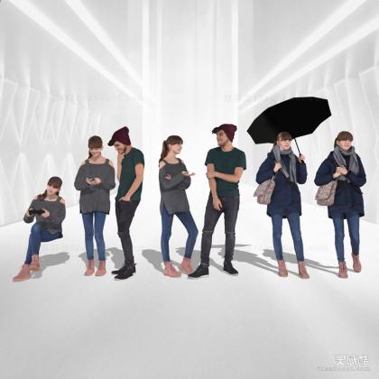 现代休闲人物 打伞 讨论 玩游戏丨