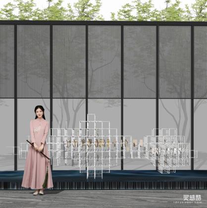 现代金属框抽象雕塑水景丨