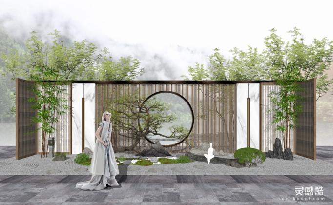 新中式景墙 造型树丨