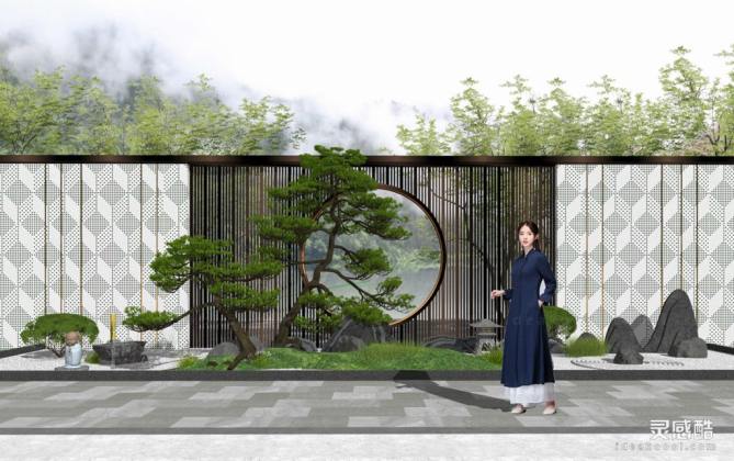 新中式景墙 造型松 造型树丨