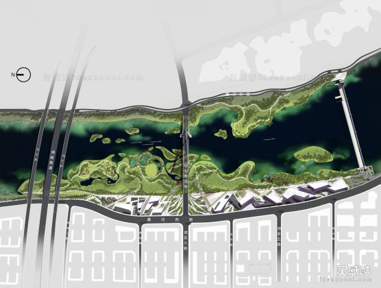 滨水公园平面图 滨水河道湿地平面图丨