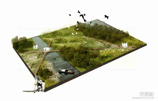 滨水河道湿地公园景观剖面图丨
