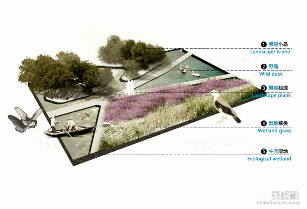 滨水河道湿地公园景观剖面图效果图丨