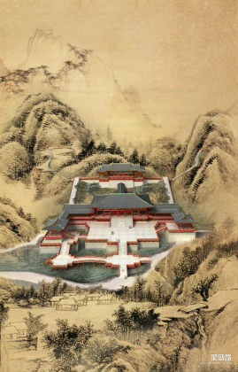 中式古风建筑鸟瞰效果图丨