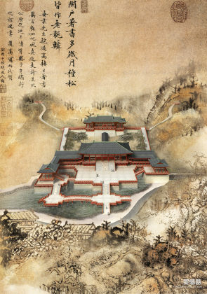 中式古风建筑鸟瞰效果图丨