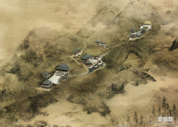 中式古风建筑鸟瞰效果图丨