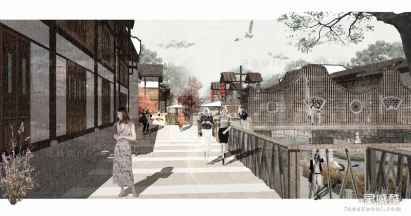 拼贴风古街古镇美丽乡村效果图丨