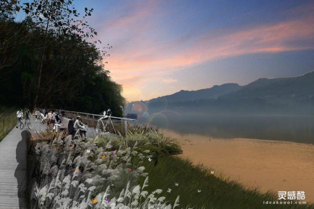 拼贴风滨水绿道景观效果图丨