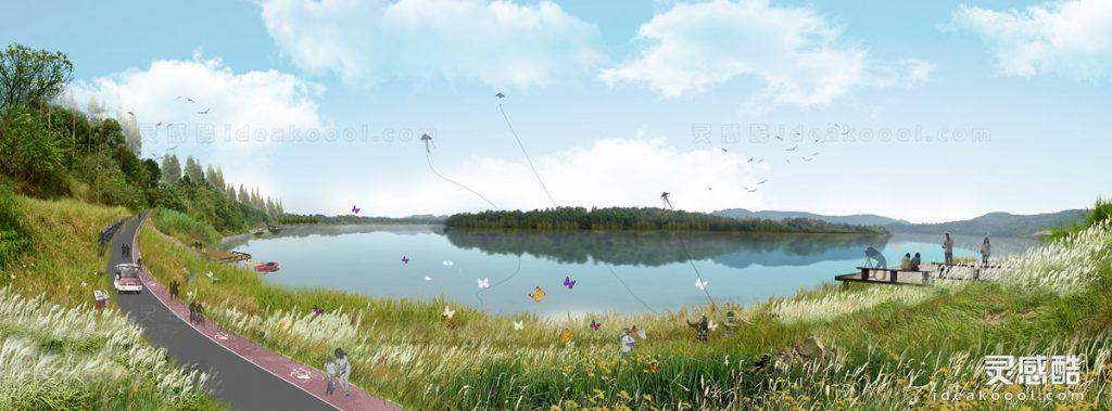 拼贴风滨水绿道景观效果图丨