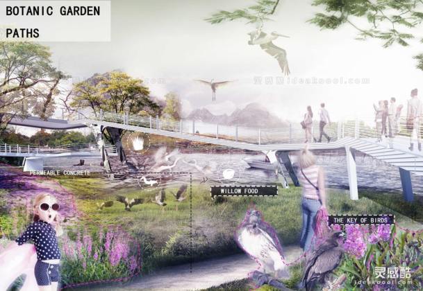 拼贴风滨水生态绿地景观效果图丨