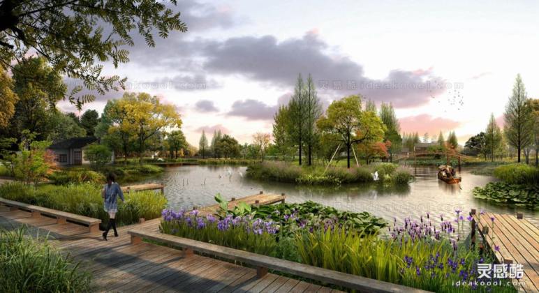 滨水河道湿地木栈道效果图丨