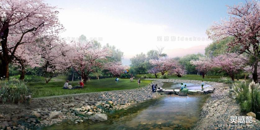 滨水河道樱花林效果图丨
