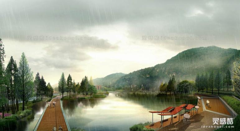 滨水河道湿地下雨效果图丨