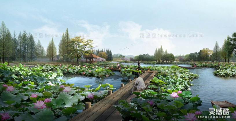莲花池滨水效果图丨