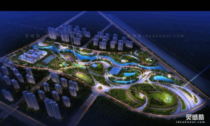 公园夜景效果图 鸟瞰效果图丨