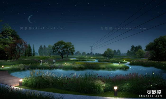 滨水河道湿地夜景效果图丨