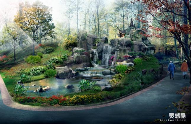 创意流水假山景观效果图丨