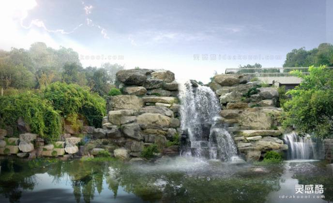 创意假山流水瀑布效果图丨