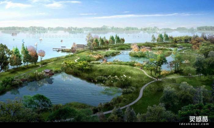 滨水河道湿地效果图 鸟瞰图丨