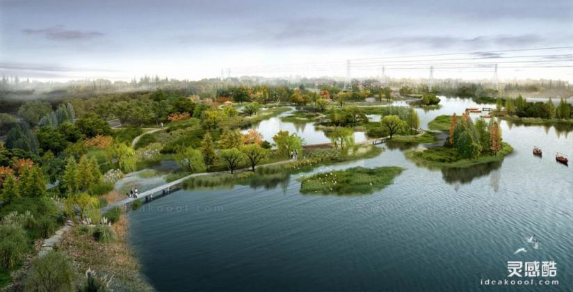 滨水河道湿地效果图 鸟瞰效果图丨