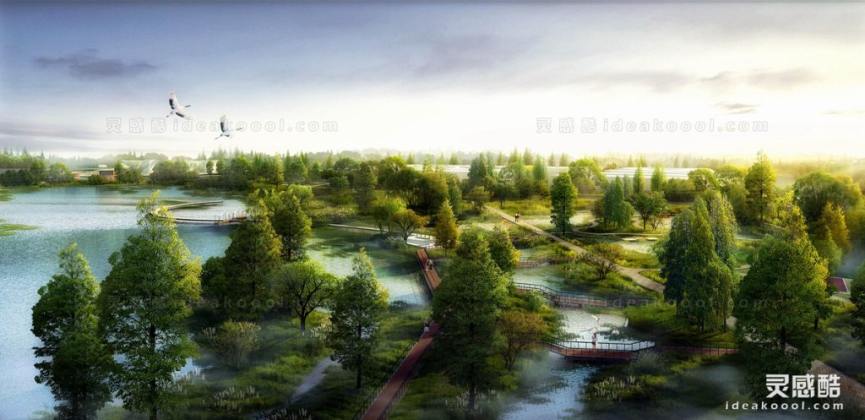 滨水河道湿地效果图 鸟瞰效果图丨