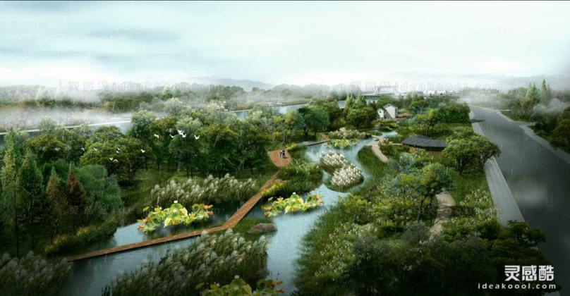 滨水河道景观效果图 鸟瞰效果图丨