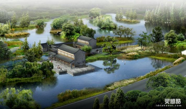 滨水河道湿地效果图 鸟瞰效果图丨