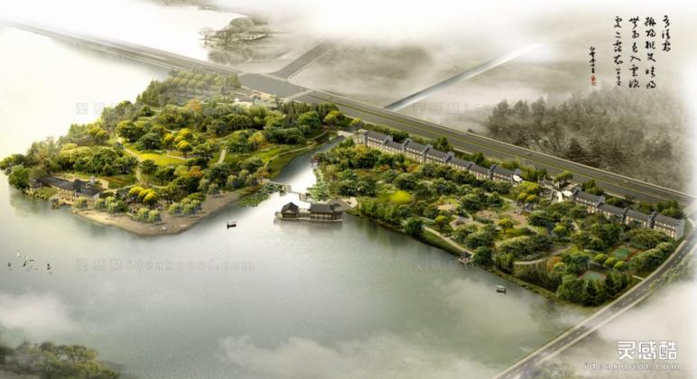 滨水河道湿地公园效果图 鸟瞰效果图丨