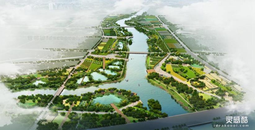 河道湿地鸟瞰效果图丨